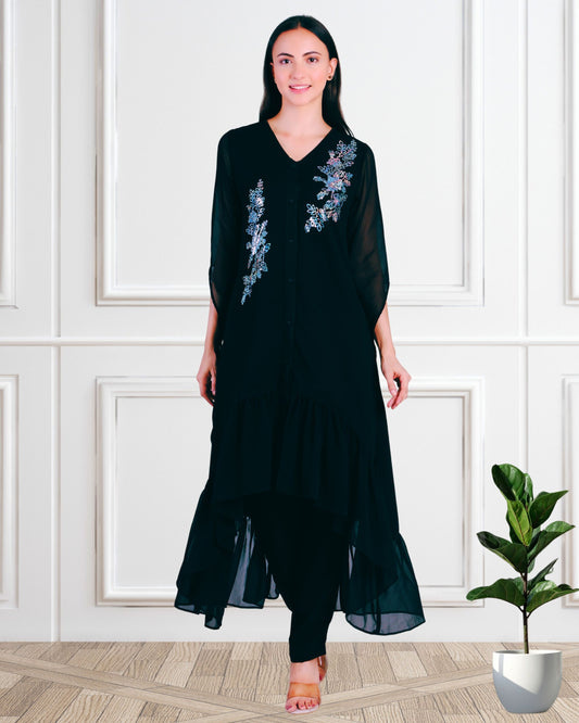 Stylish Sequins Embellished Frill High Low Top with Matching Pants for Women