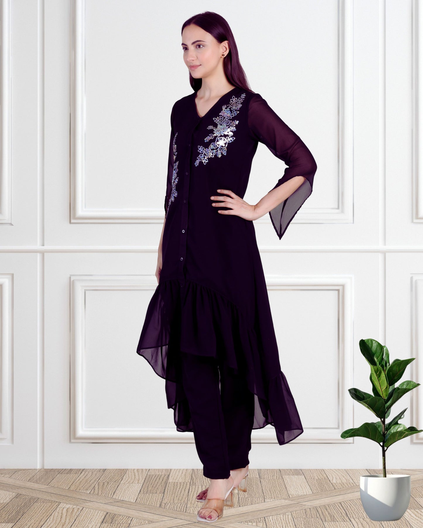 Stylish Sequins Embellished Frill High Low Top with Matching Pants for Women