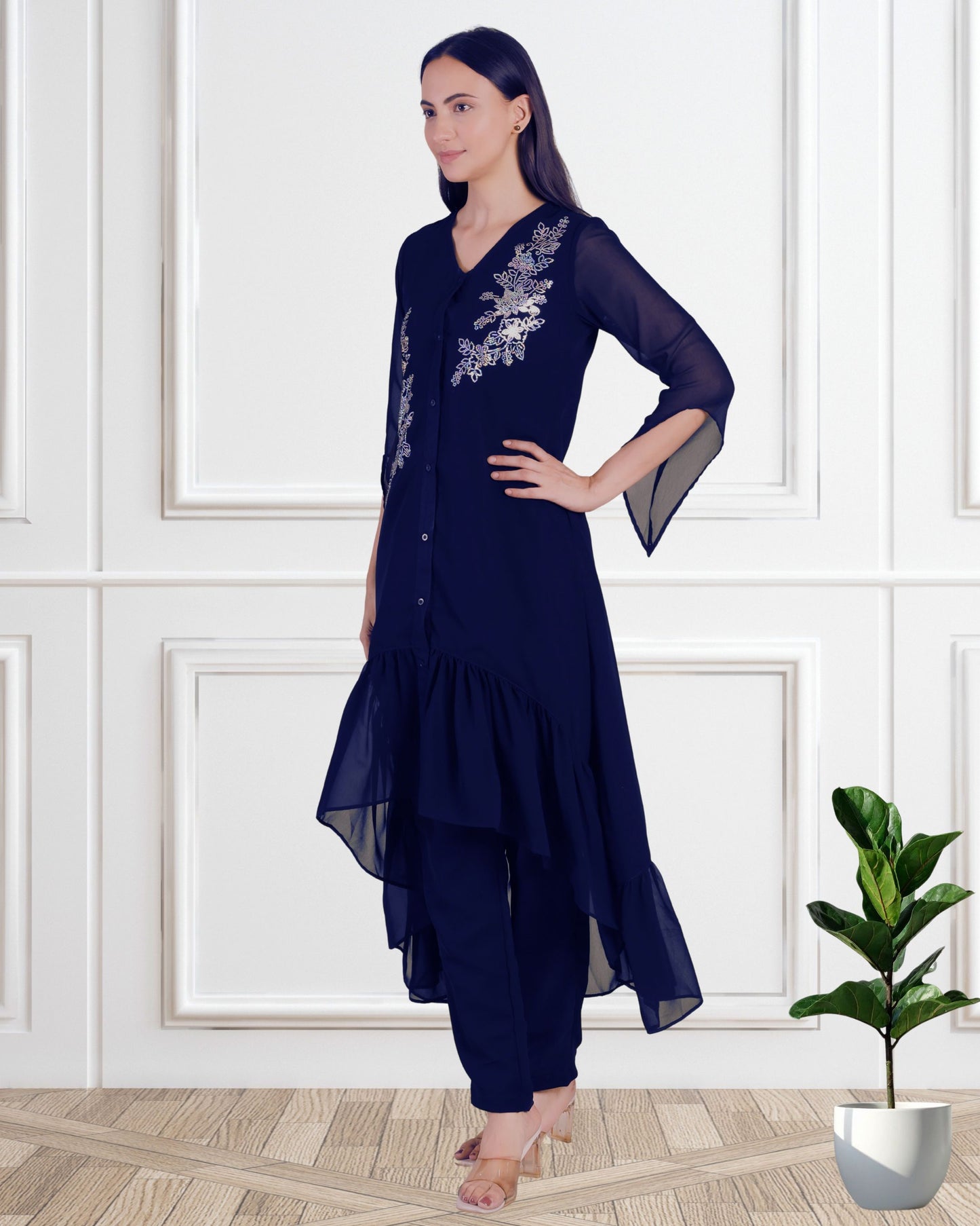 Stylish Sequins Embellished Frill Top with Matching Pants for Women