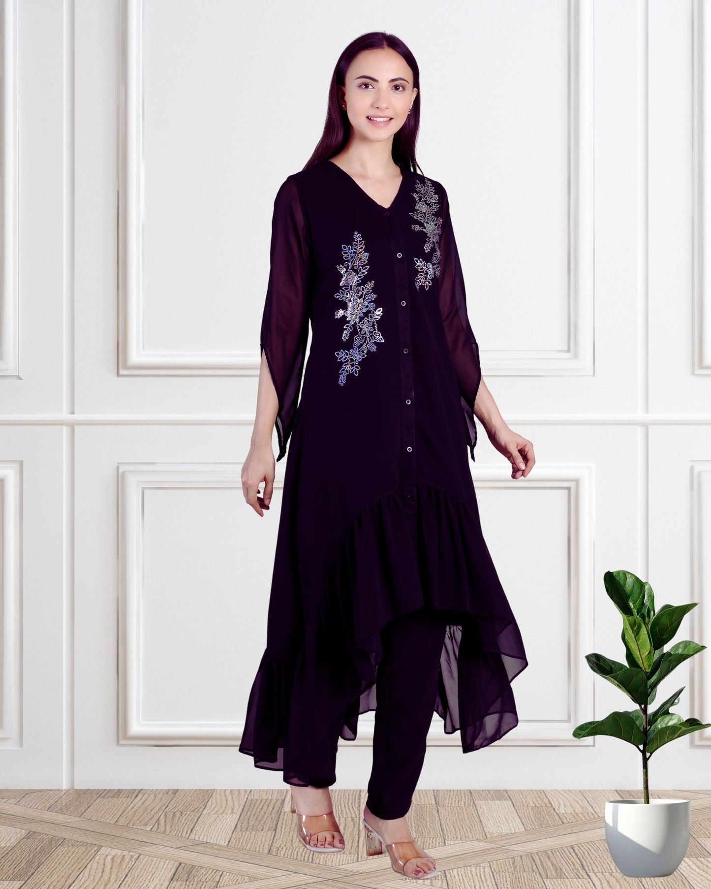 Stylish Sequins Embellished Frill High Low Top with Matching Pants for Women