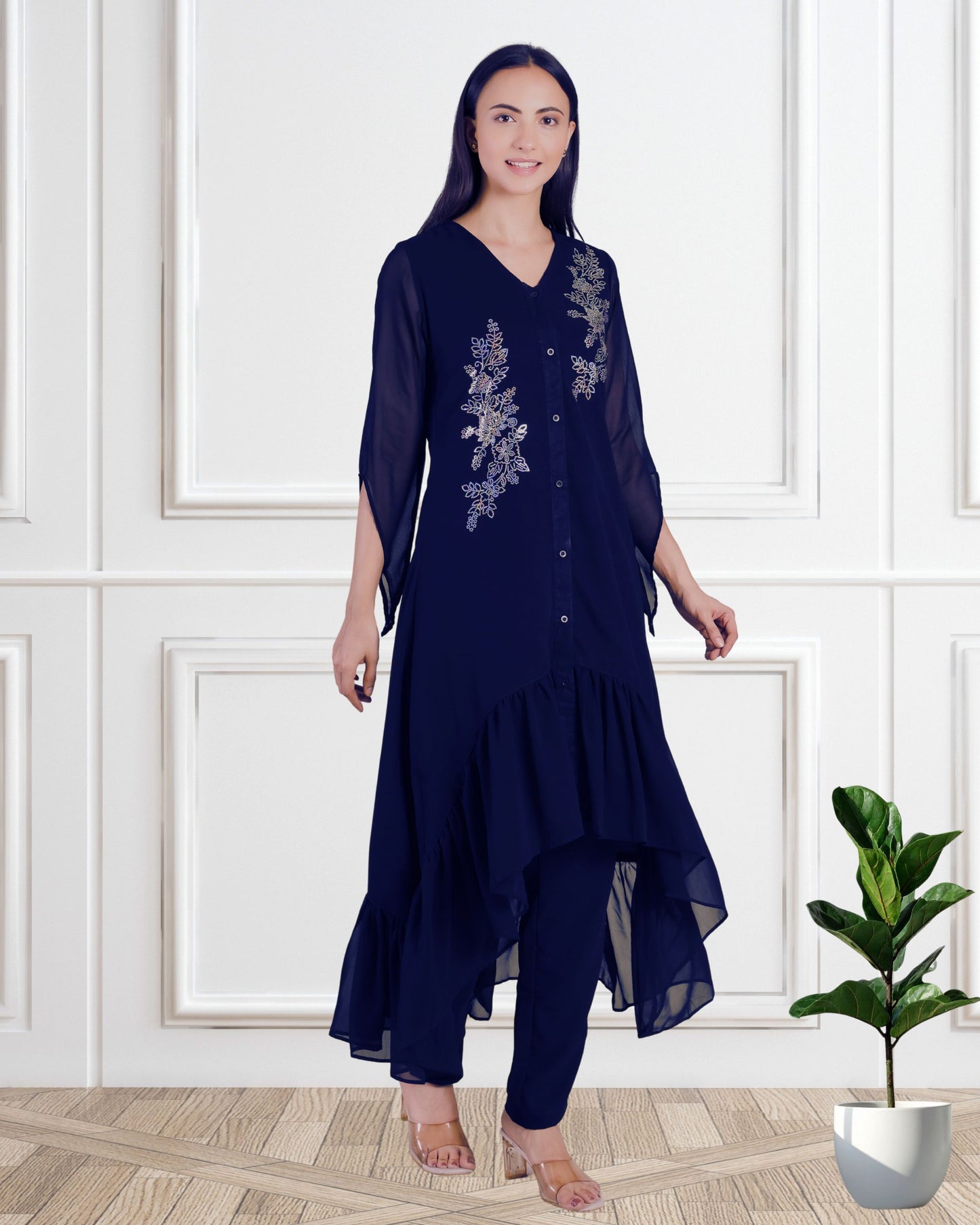 Stylish Sequins Embellished Frill Top with Matching Pants for Women