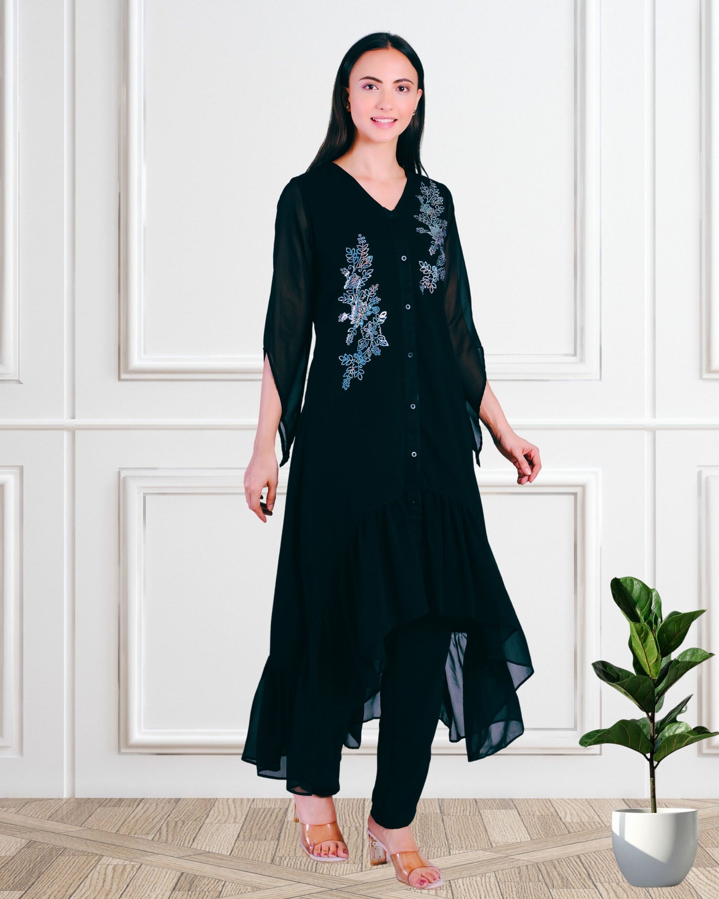 Stylish Sequins Embellished Frill High Low Top with Matching Pants for Women