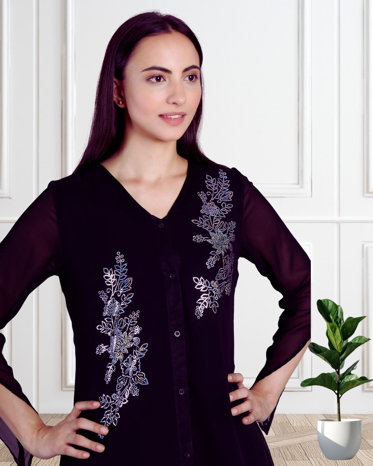 Stylish Sequins Embellished Frill High Low Top with Matching Pants for Women