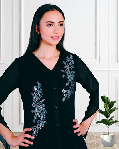 Stylish Sequins Embellished Frill High Low Top with Matching Pants for Women