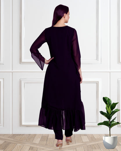 Stylish Sequins Embellished Frill High Low Top with Matching Pants for Women