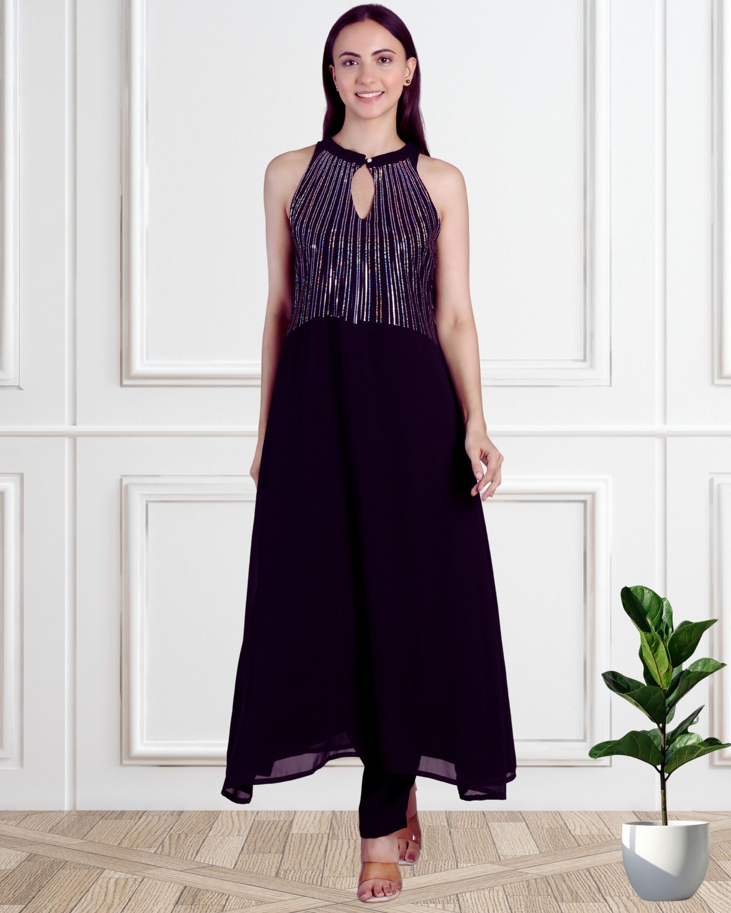 Elegant Sequins Embellished Tunic with Matching Pants for Women