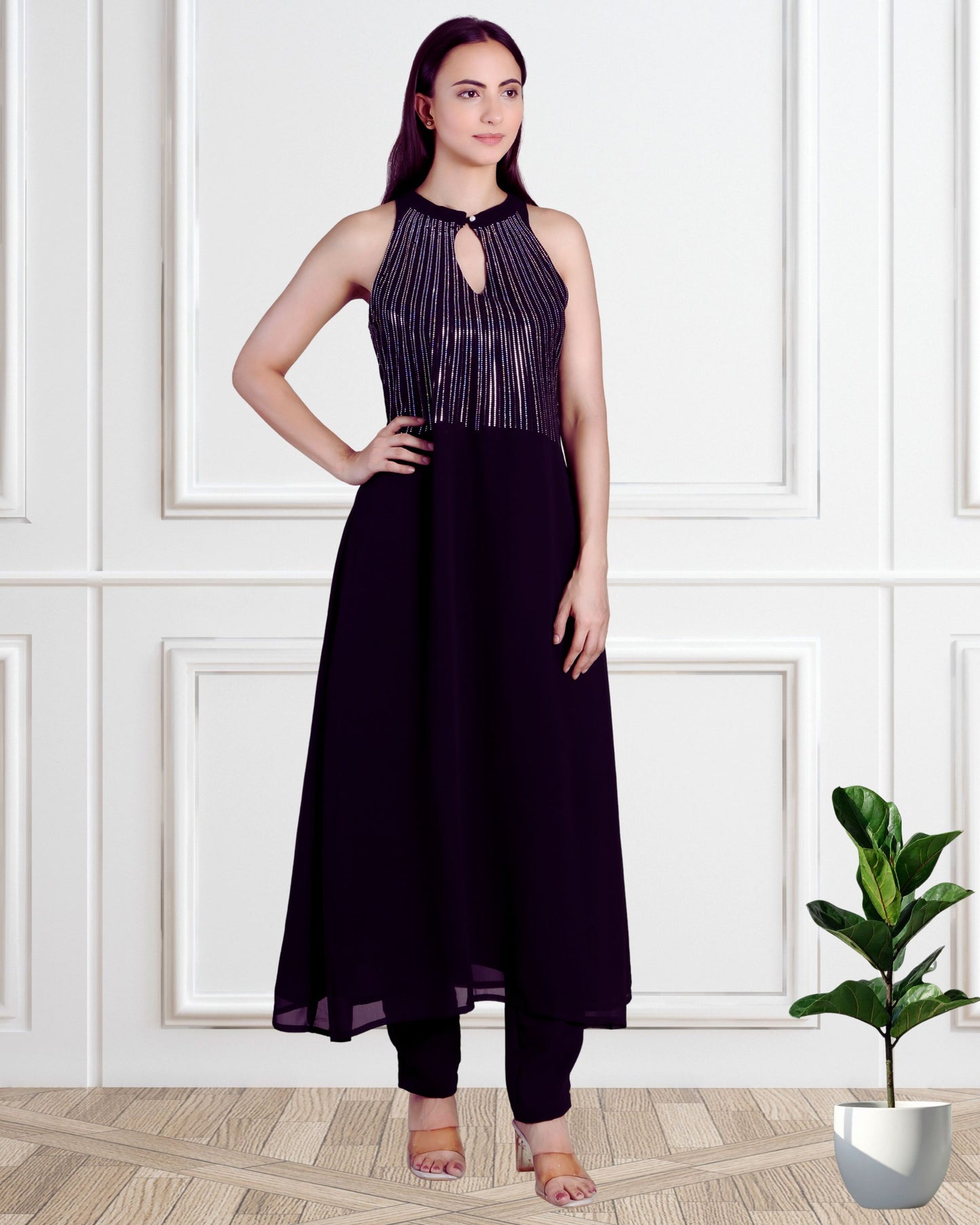 Elegant Sequins Embellished Tunic with Matching Pants for Women