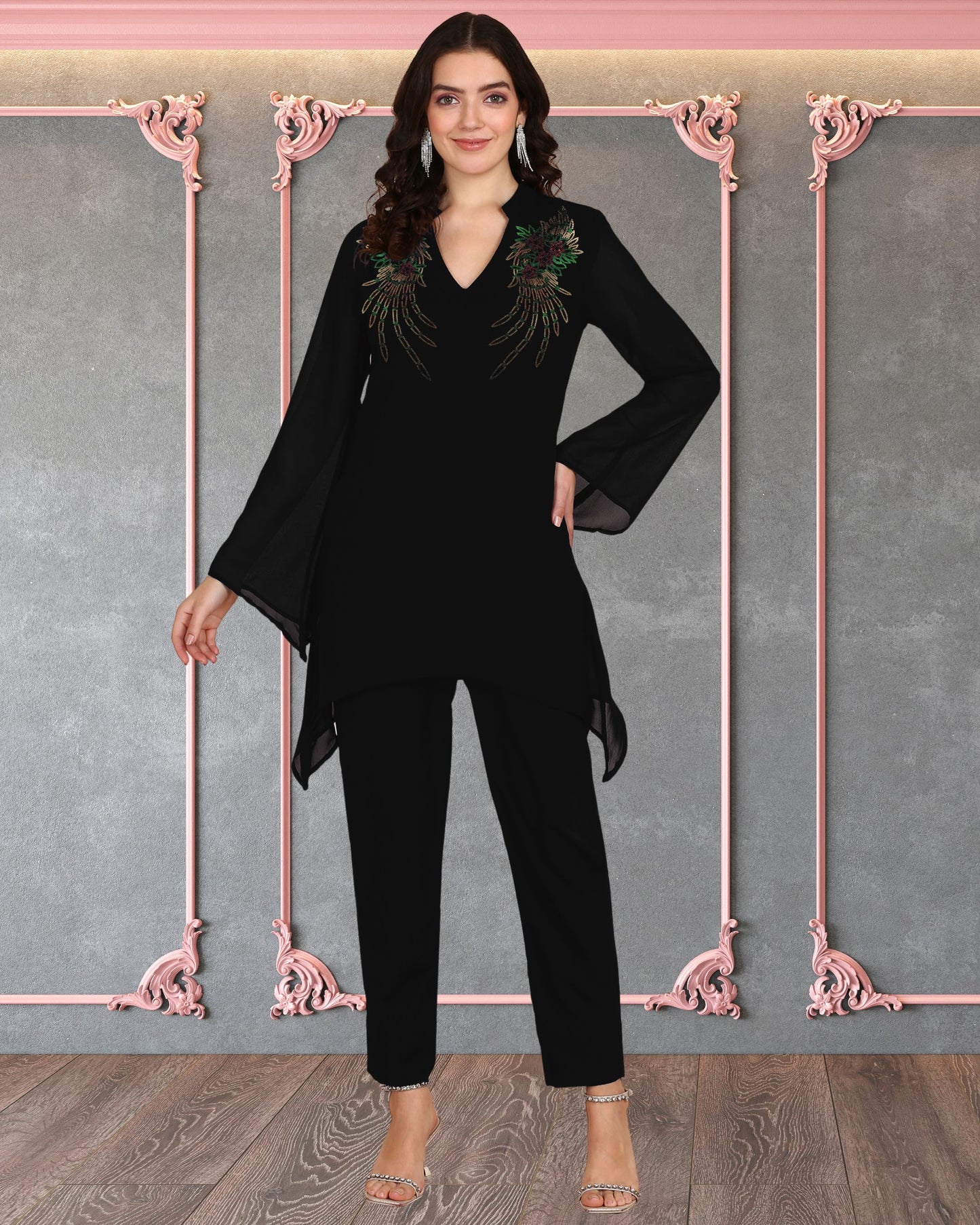 Women’s Sequin Motifs Embellished Georgette Top & Pant Set