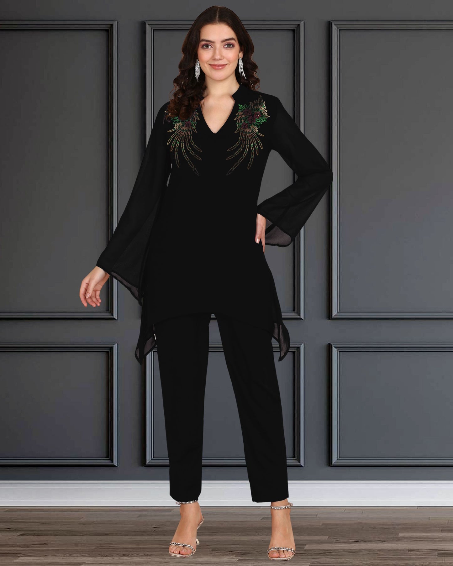 Women’s Sequin Motifs Embellished Georgette Top & Pant Set