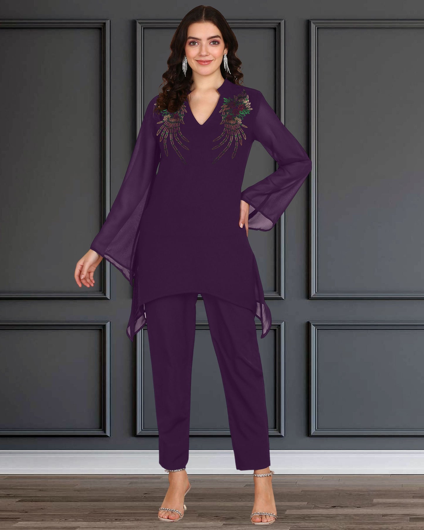 Women’s Sequin Motifs Embellished Georgette Top & Pant Set