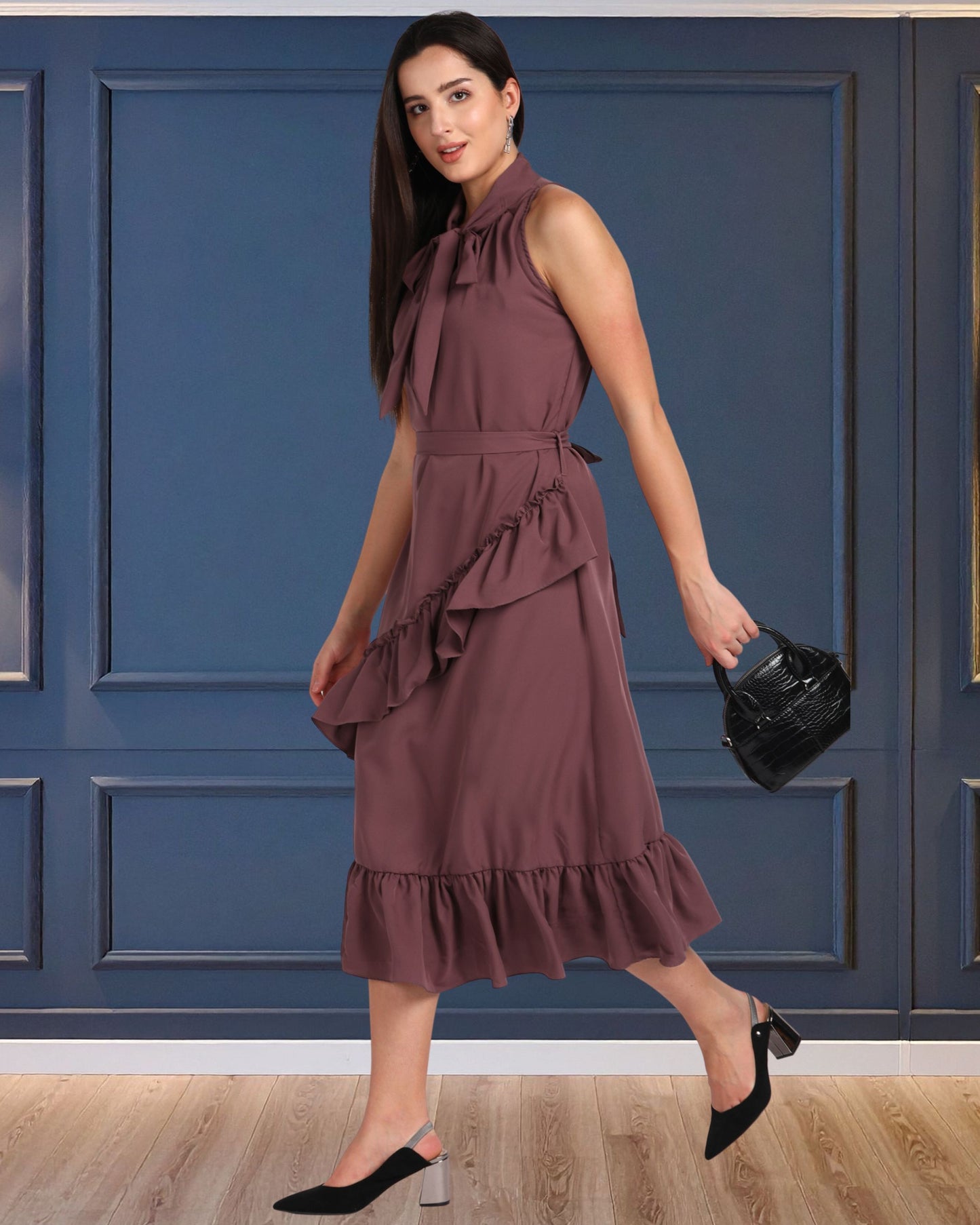 Elegant Polyester Dress with Frill Detailing