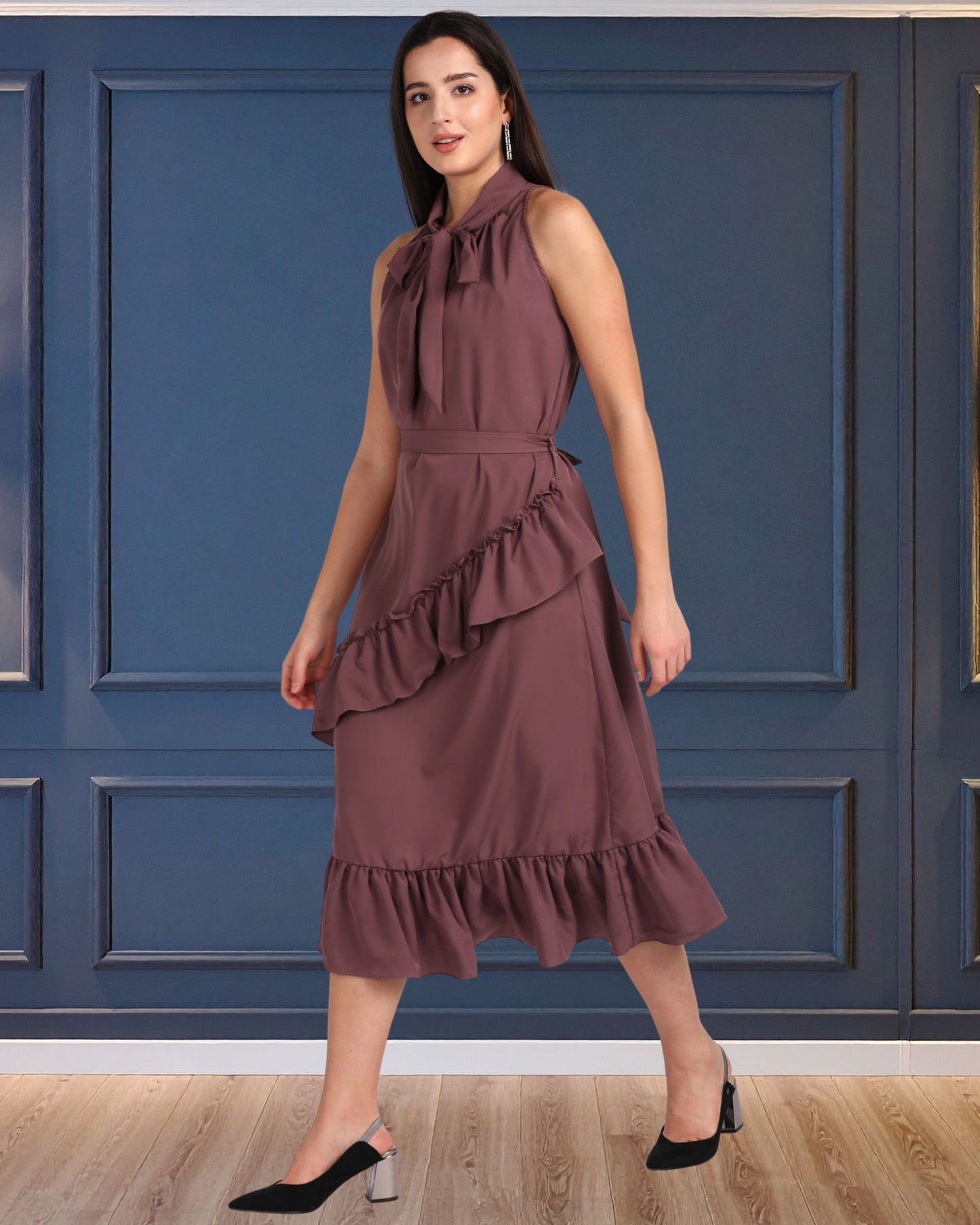 Elegant Polyester Dress with Frill Detailing