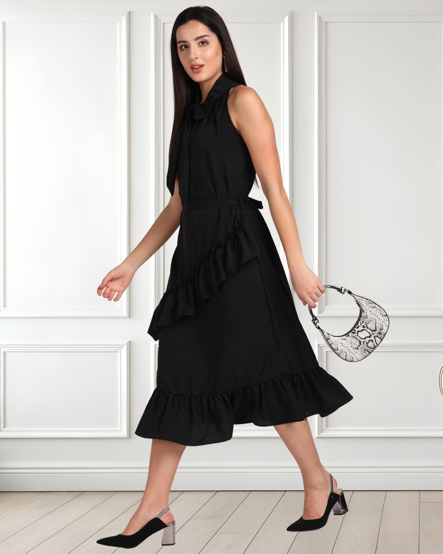 Elegant Polyester Dress with Frill Detailing