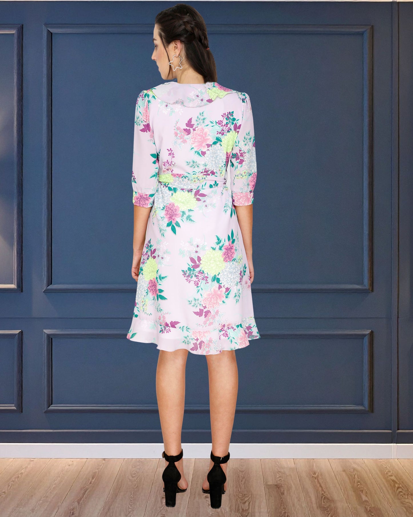 Floral Printed Georgette Short Dress with Frill Detailing