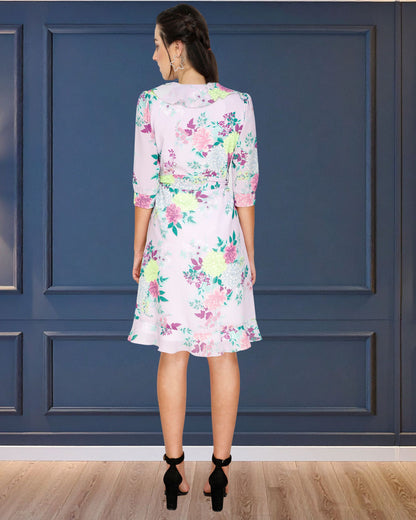 Floral Printed Georgette Short Dress with Frill Detailing
