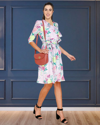 Floral Printed Georgette Short Dress with Frill Detailing