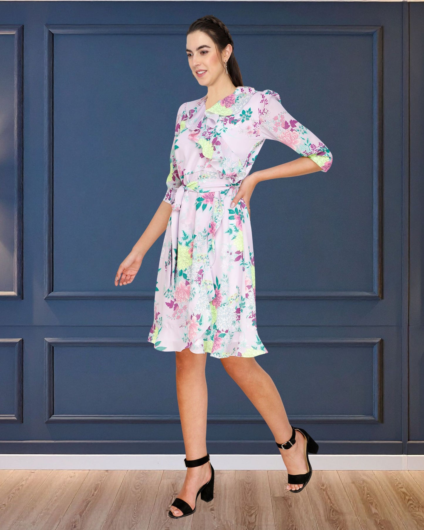 Floral Printed Georgette Short Dress with Frill Detailing