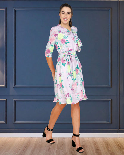 Floral Printed Georgette Short Dress with Frill Detailing