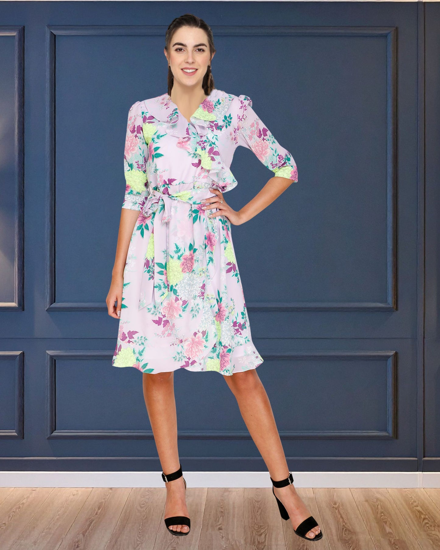 Floral Printed Georgette Short Dress with Frill Detailing