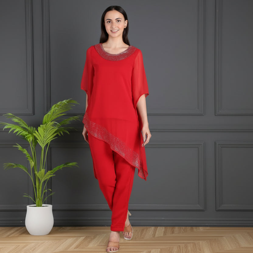 Elegant Sequins Motif Frilled Top and Co-Ord Pants for Women
