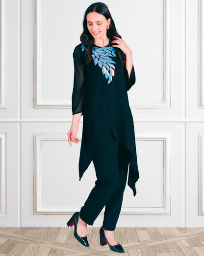 Elegant Sequins Embellished Asymmetric Tunic & Pant Set