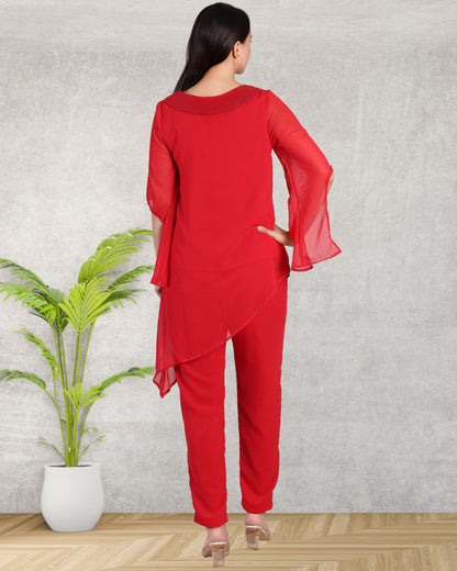Elegant Sequins Motif Frilled Top and Co-Ord Pants for Women