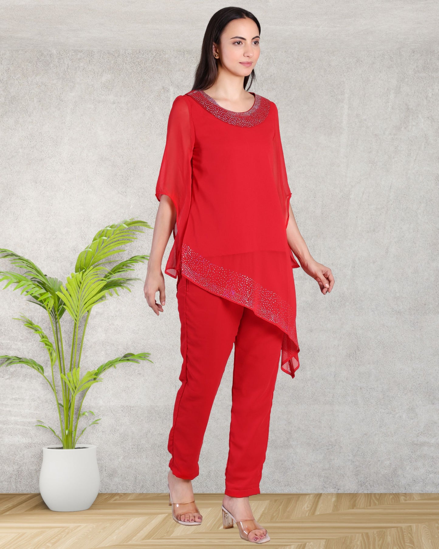 Elegant Sequins Motif Frilled Top and Co-Ord Pants for Women