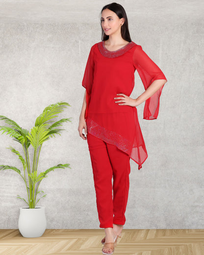 Elegant Sequins Motif Frilled Top and Co-Ord Pants for Women