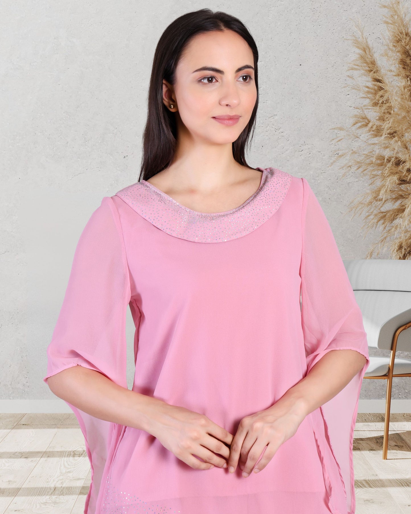 Elegant Sequins Motif Frilled Top and Co-Ord Pants for Women