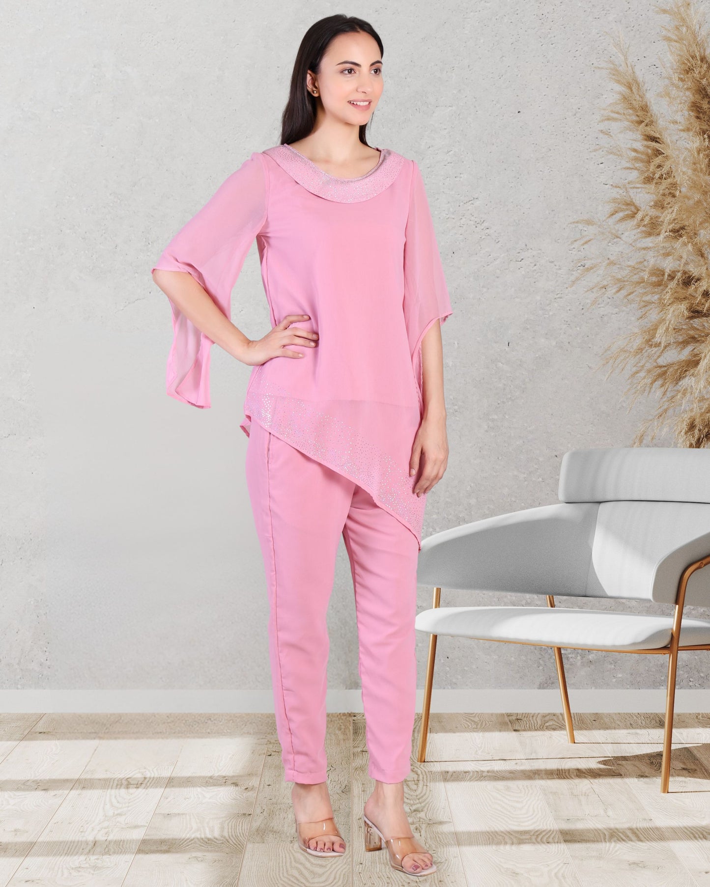 Elegant Sequins Motif Frilled Top and Co-Ord Pants for Women
