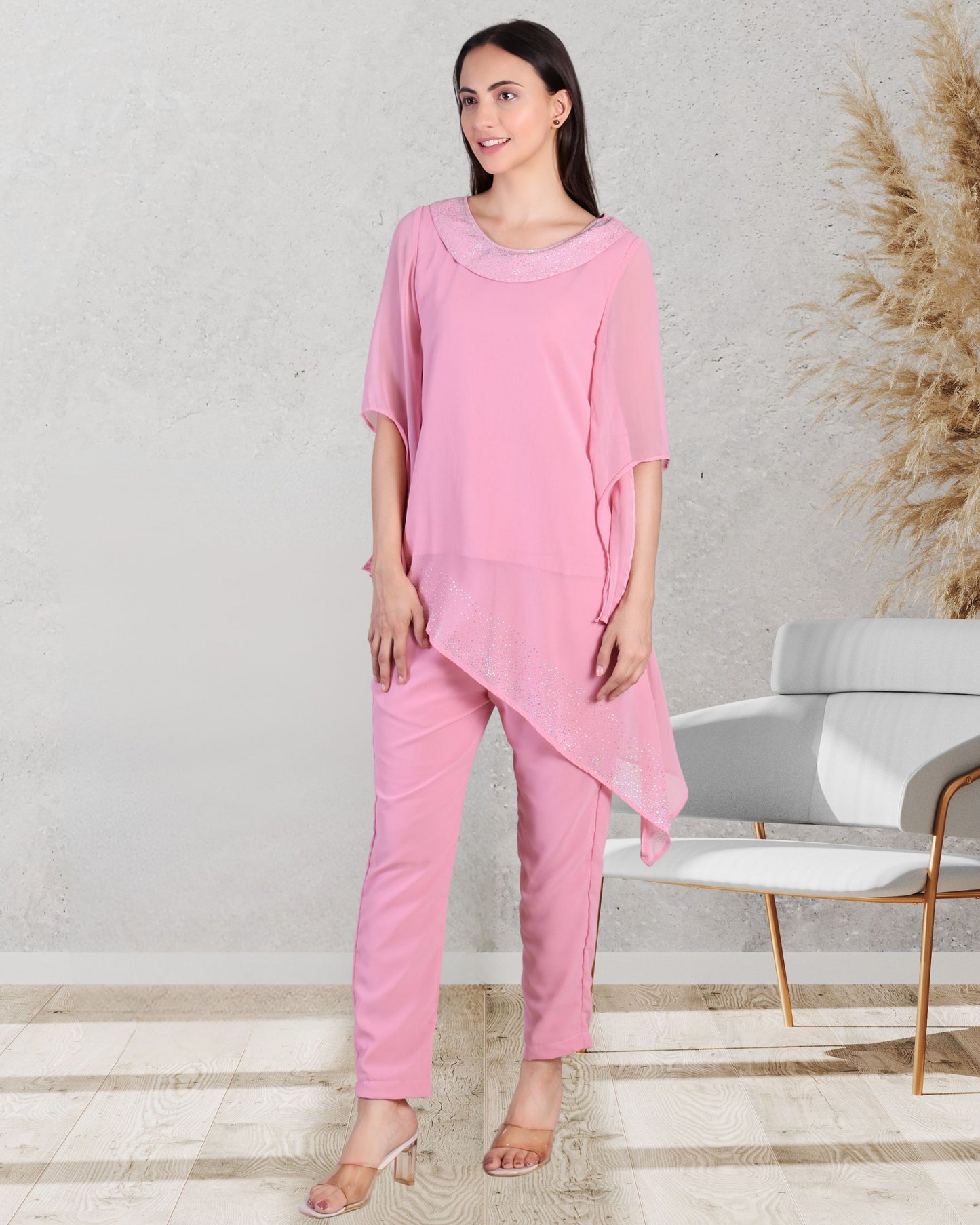 Elegant Sequins Motif Frilled Top and Co-Ord Pants for Women