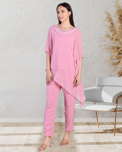 Elegant Sequins Motif Frilled Top and Co-Ord Pants for Women