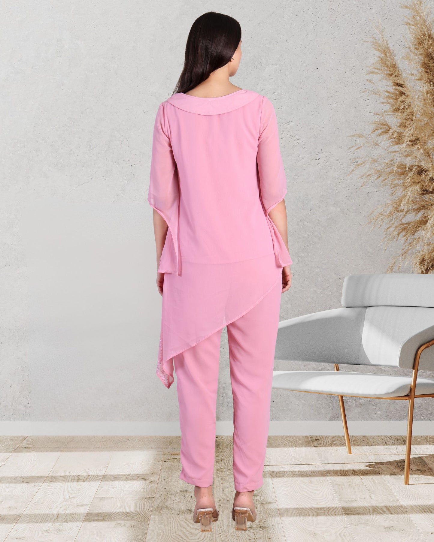 Elegant Sequins Motif Frilled Top and Co-Ord Pants for Women
