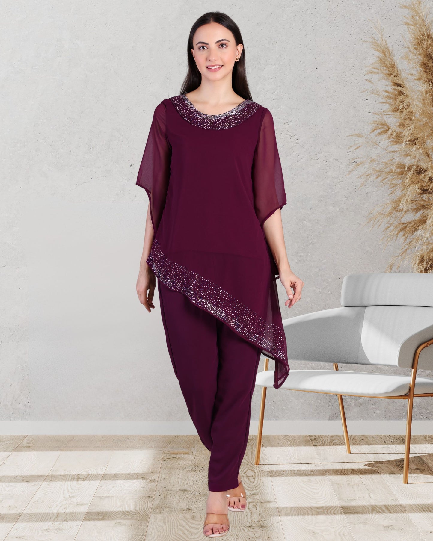Elegant Sequins Motif Frilled Top and Co-Ord Pants for Women