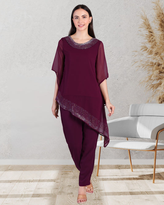 Elegant Sequins Motif Frilled Top and Co-Ord Pants for Women