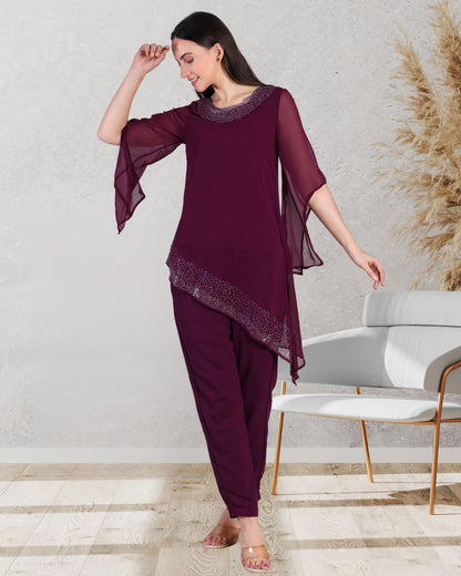 Elegant Sequins Motif Frilled Top and Co-Ord Pants for Women
