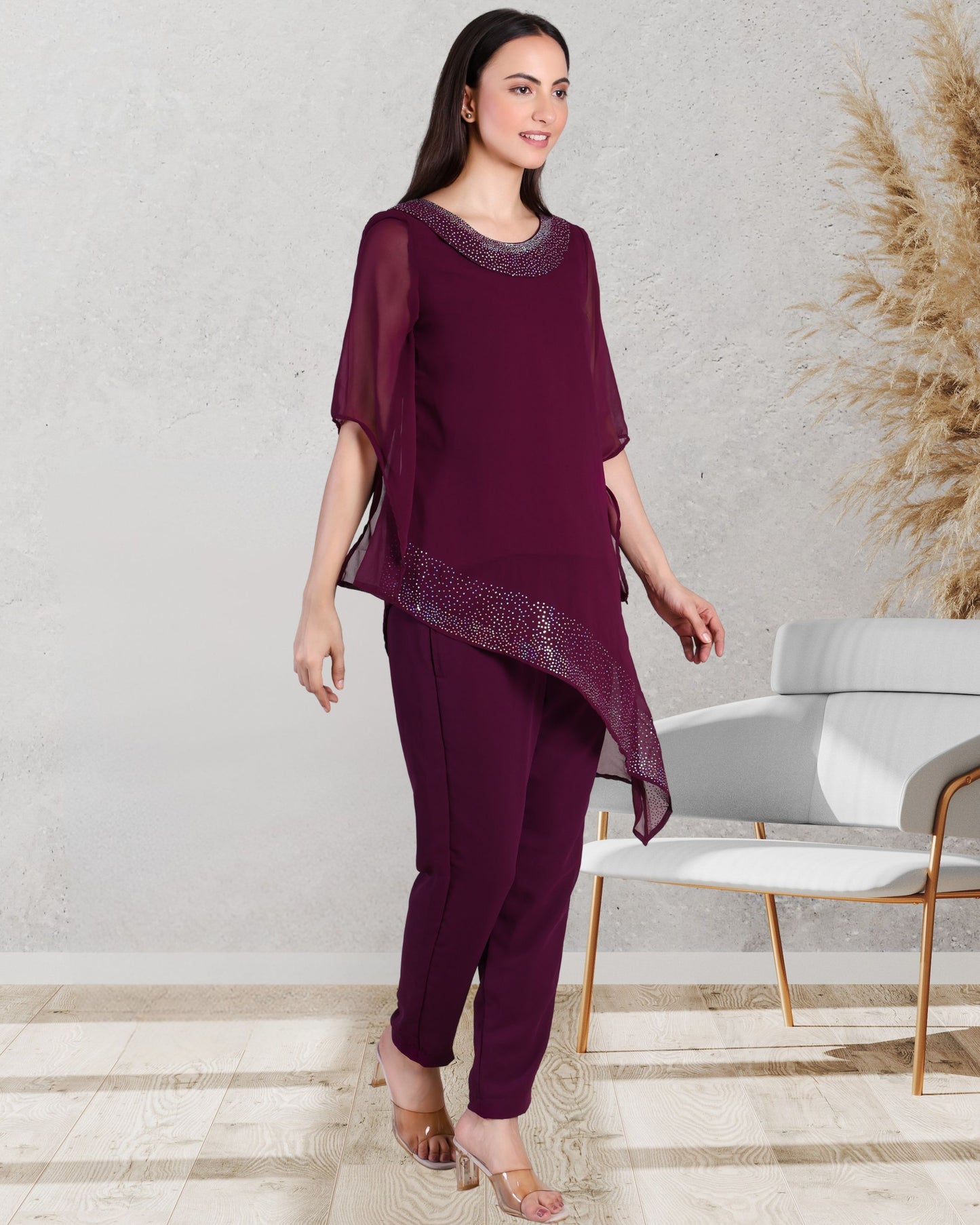 Elegant Sequins Motif Frilled Top and Co-Ord Pants for Women