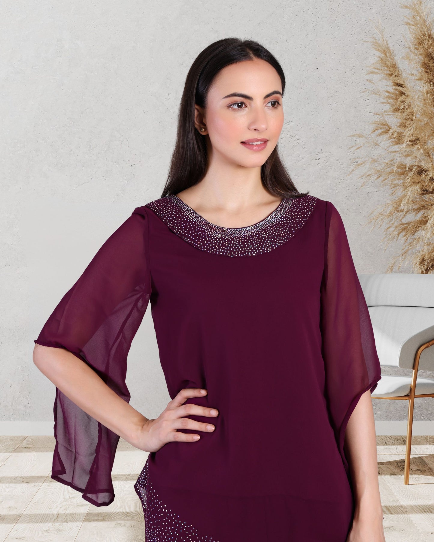 Elegant Sequins Motif Frilled Top and Co-Ord Pants for Women