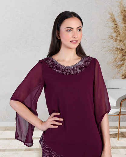 Elegant Sequins Motif Frilled Top and Co-Ord Pants for Women