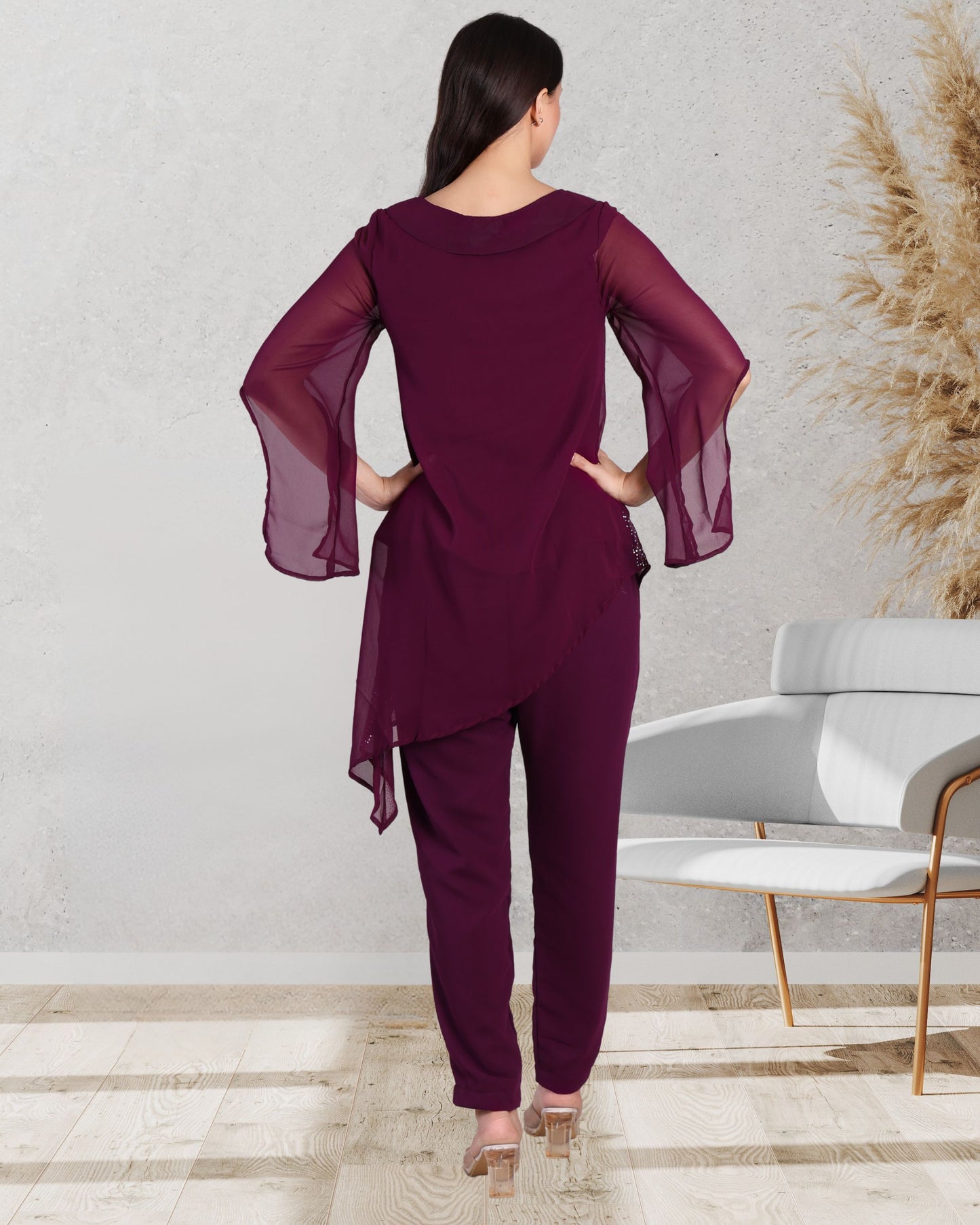 Elegant Sequins Motif Frilled Top and Co-Ord Pants for Women