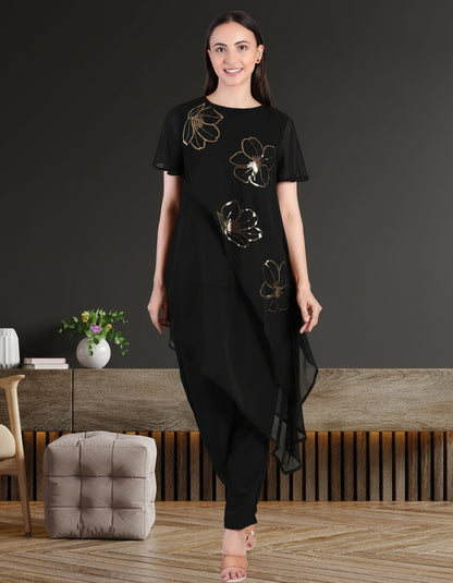 Women’s Sequins Motifs Embellished Asymmetric Top & Pant Set