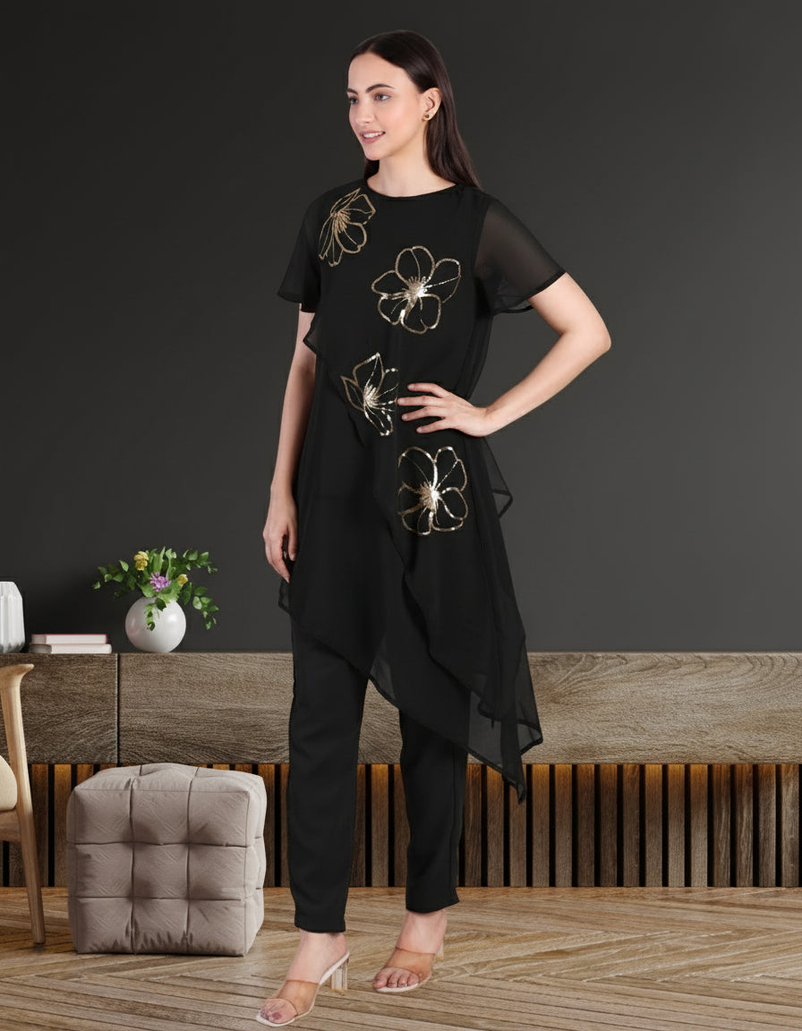 Women’s Sequins Motifs Embellished Asymmetric Top & Pant Set