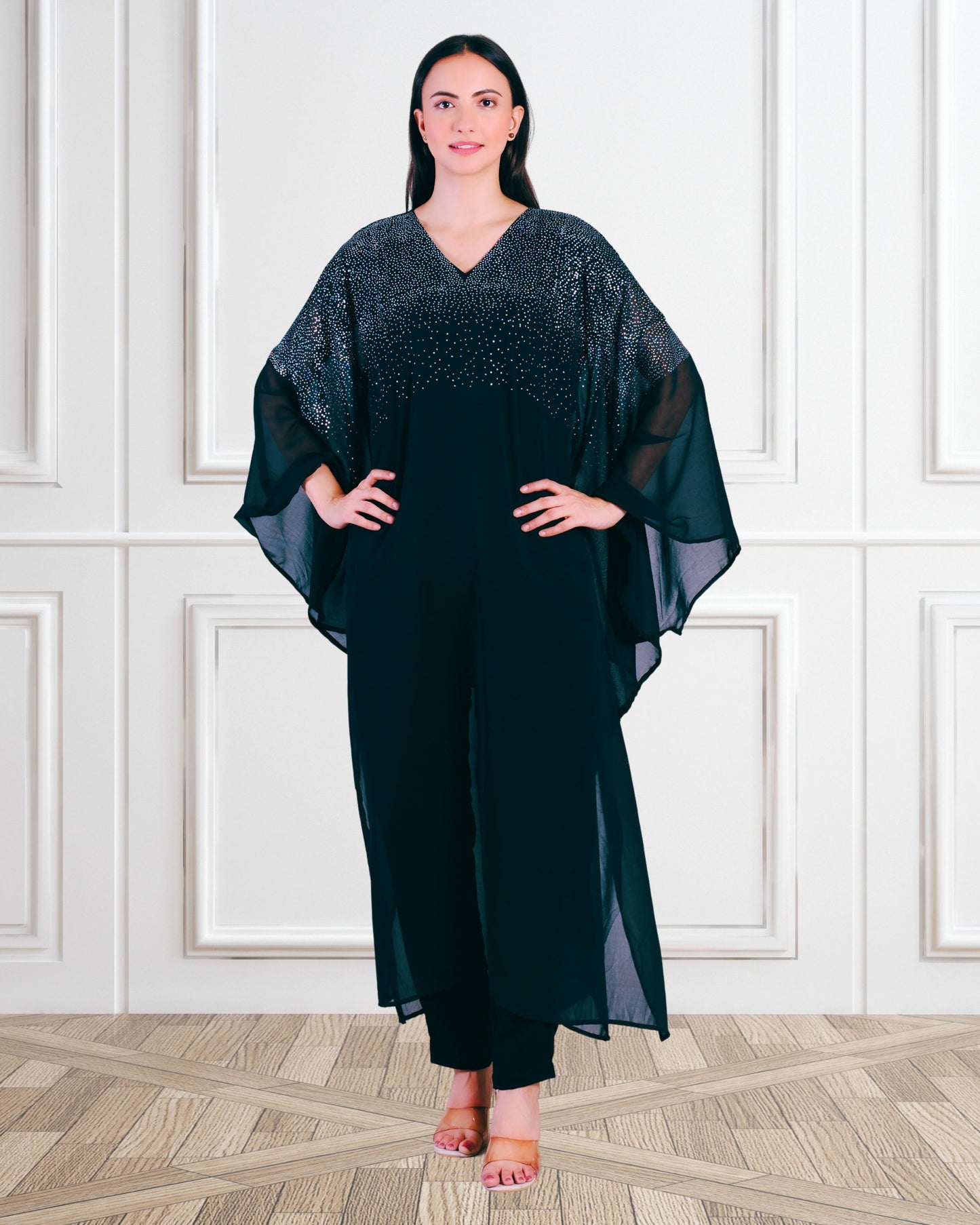Premium Sequins Motifs Kaftan Style Top with Coordinated Pants
