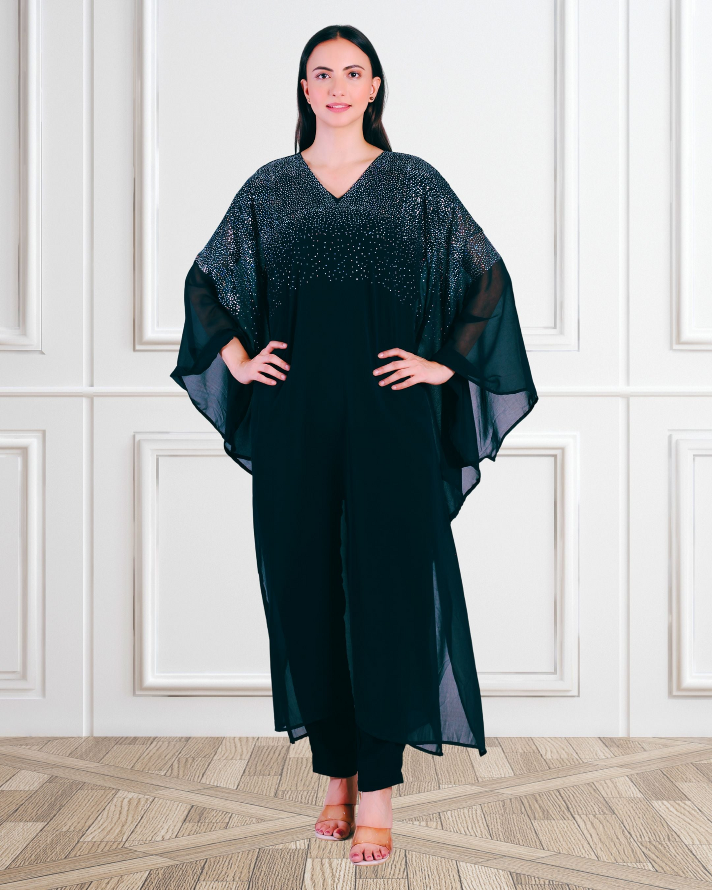 Premium Sequins Motifs Kaftan Style Top with Coordinated Pants