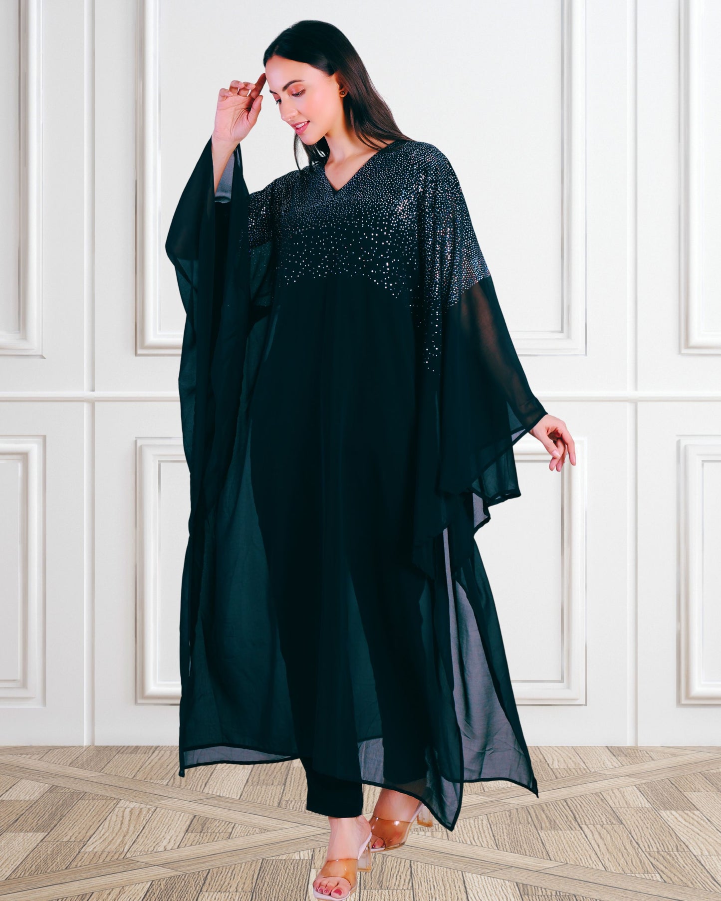 Premium Sequins Motifs Kaftan Style Top with Coordinated Pants