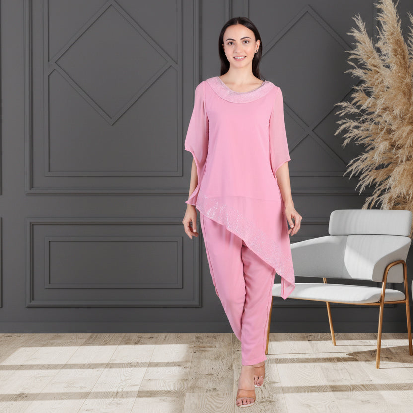 Elegant Sequins Motif Frilled Top and Co-Ord Pants for Women