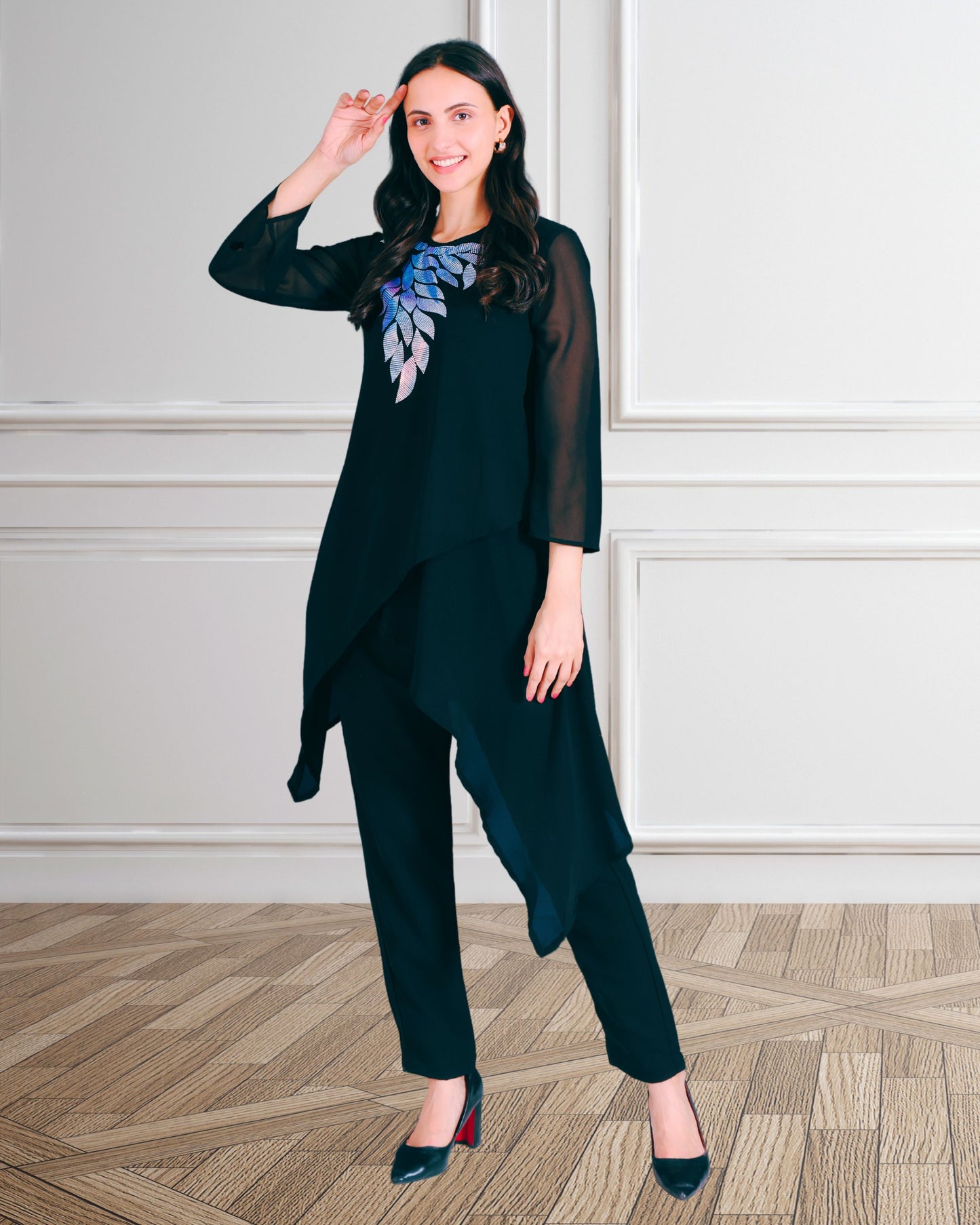 Elegant Sequins Embellished Asymmetric Tunic & Pant Set