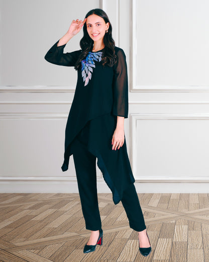 Elegant Sequins Embellished Asymmetric Tunic & Pant Set