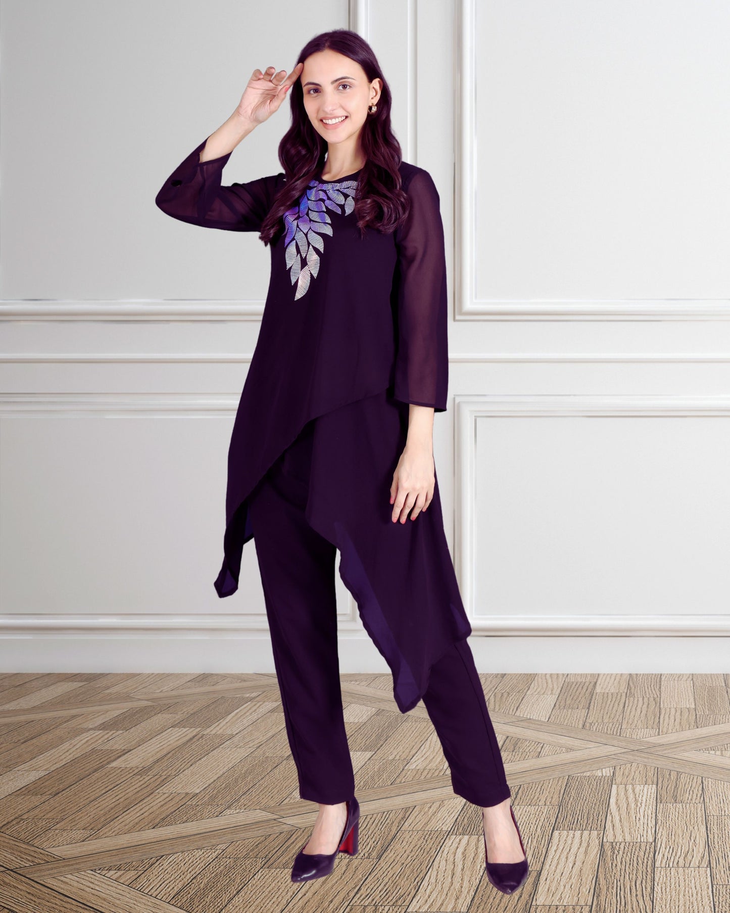 Elegant Sequins Embellished Asymmetric Tunic & Pant Set