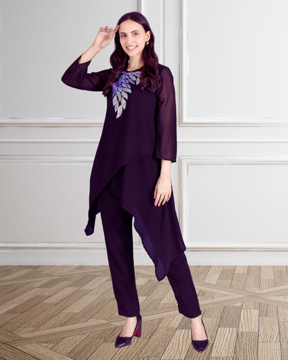 Elegant Sequins Embellished Asymmetric Tunic & Pant Set